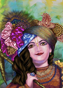 Vibrant-coloured digital-gouache painting of Lord Balarama who resides in the Radha Govardhana-Dhari temple in the New Govardhana farm, Australia 