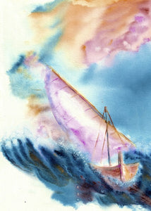 Vibrant Watercolour painting of an islander style sail boat against a colourful background  