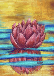 Digital pastel painting of a rich red lotus set against a happy brown, yellow and turquoise pond background 