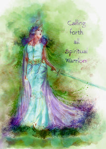 Vibrant digital watercolour painting of a Royal lady holding a sword and calling forth all spiritual warriors 