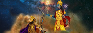 Digital painting of Krishna speaking the Bhagavad Gita to Arjuna in outer space to depict the universal form.