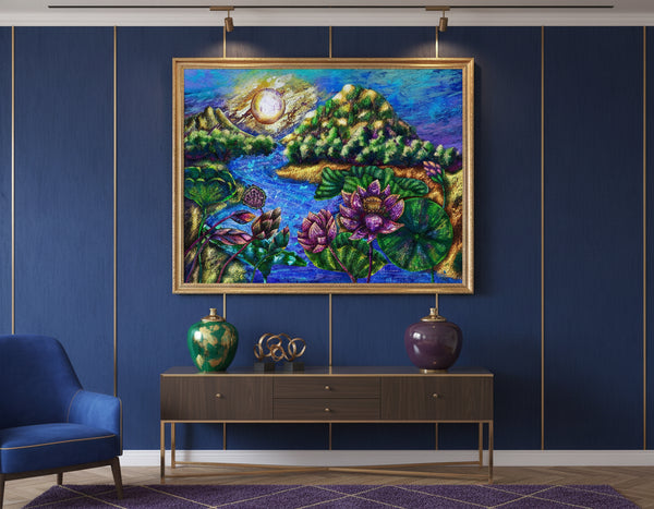 Colorful painting of a landscape with mountains, water, and lotus flowers.