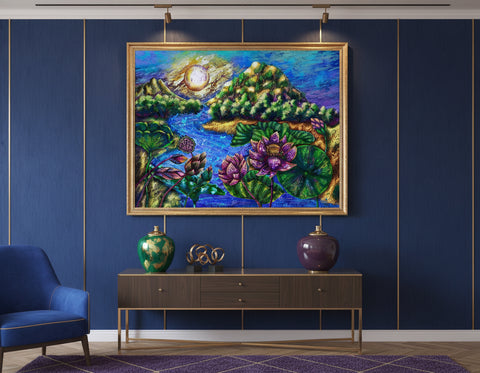 Colorful painting of a landscape with mountains, water, and lotus flowers.